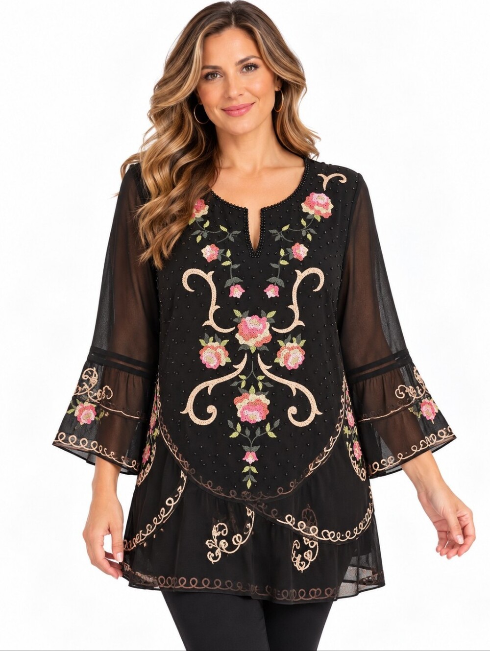Positive Attitude NWT Black Floral Embroidered Beaded Tunic Top Size 6M